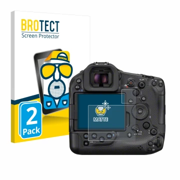 Vorderseite einer Produktverpackung mit dem Markenlogo BROTECT. Daneben ist das Gerät Canon EOS R1 mit dem zugehörigen Display