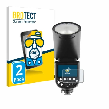 Vorderseite einer Produktverpackung mit dem Markenlogo BROTECT. Daneben ist das Gerät Godox TT685 II mit dem zugehörigen Displ