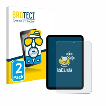 Vorderseite einer Produktverpackung mit dem Markenlogo BROTECT. Daneben ist das Gerät Apple iPad Mini 7 WiFi 2024 mit dem zuge