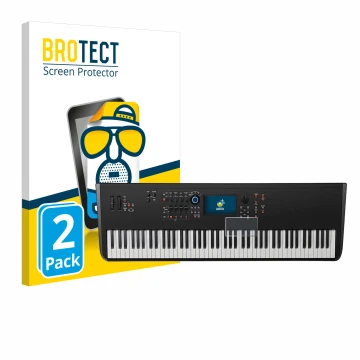 Vorderseite einer Produktverpackung mit dem Markenlogo BROTECT. Daneben ist das Gerät Yamaha MODX8+ mit dem zugehörigen Displa