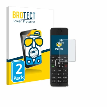 Vorderseite einer Produktverpackung mit dem Markenlogo BROTECT. Daneben ist das Gerät AVM Fritz!Fon C6 Black mit dem zugehörig