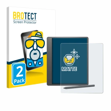 Vorderseite einer Produktverpackung mit dem Markenlogo BROTECT. Daneben ist das Gerät Amazon Kindle Scribe 2024 mit dem zugehö