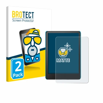 Vorderseite einer Produktverpackung mit dem Markenlogo BROTECT. Daneben ist das Gerät Amazon Kindle Paperwhite Kids 2024 mit d