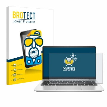 Vorderseite einer Produktverpackung mit dem Markenlogo BROTECT. Daneben ist das Gerät HP ProBook 445 G9 mit dem zugehörigen Di