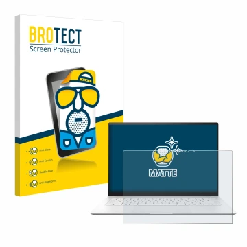 Vorderseite einer Produktverpackung mit dem Markenlogo BROTECT. Daneben ist das Gerät ASUS ZenBook S 14 UX5406 mit dem zugehör