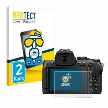 Vorderseite einer Produktverpackung mit dem Markenlogo BROTECT. Daneben ist das Gerät Nikon Z50 II mit dem zugehörigen Display