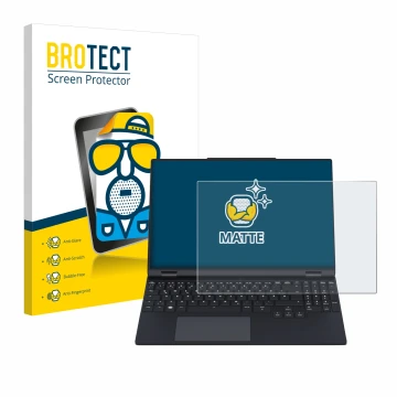 Vorderseite einer Produktverpackung mit dem Markenlogo BROTECT. Daneben ist das Gerät Tuxedo InfinityBook Pro 15 Gen 9 mit dem