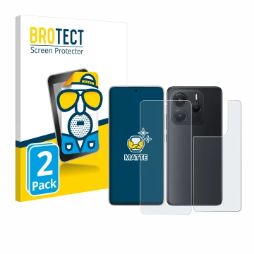 Vorderseite einer Produktverpackung mit dem Markenlogo BROTECT. Daneben ist das Gerät Xiaomi Redmi Note 14 (Display+Rückseite)