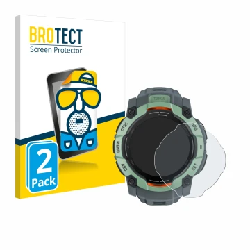 Vorderseite einer Produktverpackung mit dem Markenlogo BROTECT. Daneben ist das Gerät Garmin Instinct 3 AMOLED (50 mm) mit dem