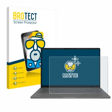 Vorderseite einer Produktverpackung mit dem Markenlogo BROTECT. Daneben ist das Gerät ASUS ZenBook A14 UX3407 mit dem zugehöri