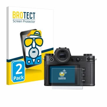 Vorderseite einer Produktverpackung mit dem Markenlogo BROTECT. Daneben ist das Gerät Leica SL3-S mit dem zugehörigen Displays