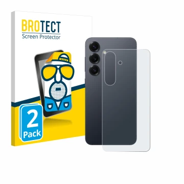 Vorderseite einer Produktverpackung mit dem Markenlogo BROTECT. Daneben ist das Gerät Samsung Galaxy S25 (Rückseite) mit dem z
