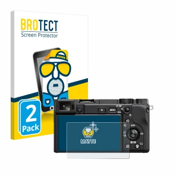 Vorderseite einer Produktverpackung mit dem Markenlogo BROTECT. Daneben ist das Gerät Sony Alpha 6100A mit dem zugehörigen Dis