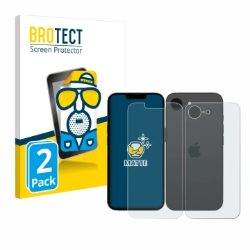 Vorderseite einer Produktverpackung mit dem Markenlogo BROTECT. Daneben ist das Gerät Apple iPhone 16e (Display+Rückseite) mit