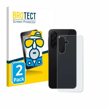 Vorderseite einer Produktverpackung mit dem Markenlogo BROTECT. Daneben ist das Gerät Samsung Galaxy A26 5G (Rückseite) mit de