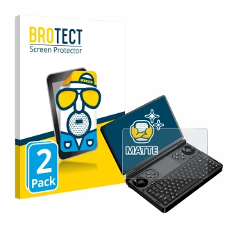 Vorderseite einer Produktverpackung mit dem Markenlogo BROTECT. Daneben ist das Gerät GPD Win Mini (2025) mit dem zugehörigen 