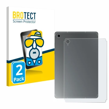 Vorderseite einer Produktverpackung mit dem Markenlogo BROTECT. Daneben ist das Gerät Samsung Galaxy Tab S10 FE (Rückseite) mi