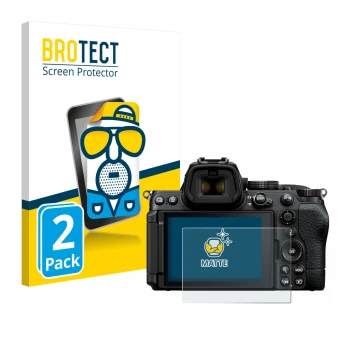 Vorderseite einer Produktverpackung mit dem Markenlogo BROTECT. Daneben ist das Gerät Nikon Z5 II mit dem zugehörigen Displays