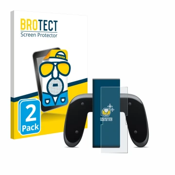 Vorderseite einer Produktverpackung mit dem Markenlogo BROTECT. Daneben ist das Gerät Nintendo Switch 2 Joy-Con 2-Holder mit d