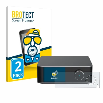 Vorderseite einer Produktverpackung mit dem Markenlogo BROTECT. Daneben ist das Gerät WiiM Ultra mit dem zugehörigen Displaysc