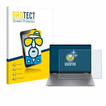 Vorderseite einer Produktverpackung mit dem Markenlogo BROTECT. Daneben ist das Gerät HP OmniBook X Flip 14 mit dem zugehörige