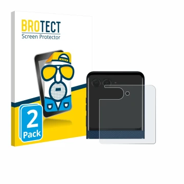 Vorderseite einer Produktverpackung mit dem Markenlogo BROTECT. Daneben ist das Gerät Motorola Razr 60 (Hinteres Display) mit 