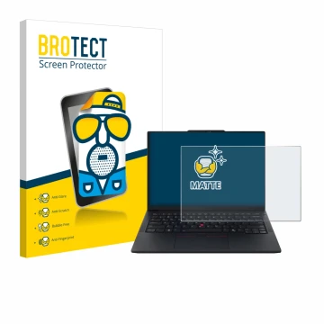 Vorderseite einer Produktverpackung mit dem Markenlogo BROTECT. Daneben ist das Gerät Lenovo ThinkPad E14 Gen 7 mit dem zugehö