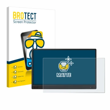 Vorderseite einer Produktverpackung mit dem Markenlogo BROTECT. Daneben ist das Gerät ASUS ZenScreen MB166C mit dem zugehörige