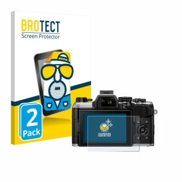 Vorderseite einer Produktverpackung mit dem Markenlogo BROTECT. Daneben ist das Gerät Olympus OM System OM-5 Mark II mit dem z