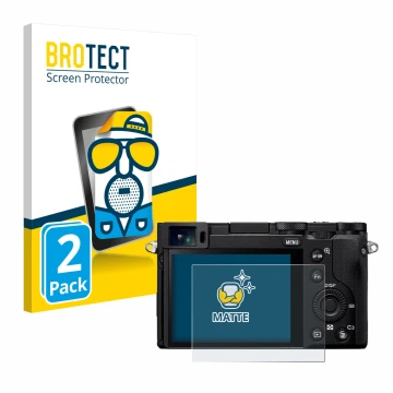 Vorderseite einer Produktverpackung mit dem Markenlogo BROTECT. Daneben ist das Gerät Sony RX1R III mit dem zugehörigen Displa