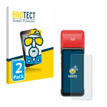 Vorderseite einer Produktverpackung mit dem Markenlogo BROTECT. Daneben ist das Gerät iMin Swift 2 Pro mit dem zugehörigen Dis