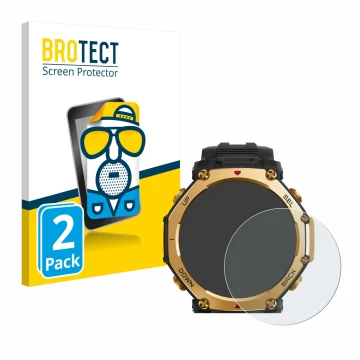 Vorderseite einer Produktverpackung mit dem Markenlogo BROTECT. Daneben ist das Gerät Huami Amazfit T-Rex 3 Pro (48 mm) mit de