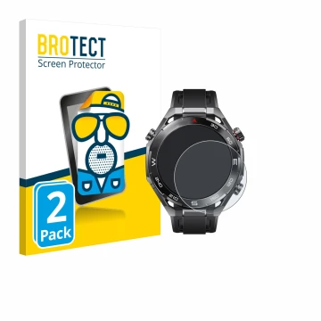Vorderseite einer Produktverpackung mit dem Markenlogo BROTECT. Daneben ist das Gerät Huawei Watch Ultimate 2 Black mit dem zu