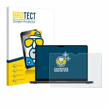 Vorderseite einer Produktverpackung mit dem Markenlogo BROTECT. Daneben ist das Gerät Apple MacBook Pro 14