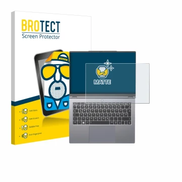 Vorderseite einer Produktverpackung mit dem Markenlogo BROTECT. Daneben ist das Gerät Tuxedo InfinityBook Pro 14 Gen 10 mit de