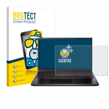 Vorderseite einer Produktverpackung mit dem Markenlogo BROTECT. Daneben ist das Gerät Acer Nitro V 15 mit dem zugehörigen Disp