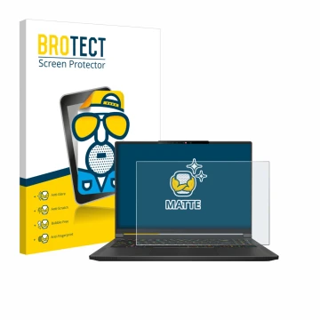 Vorderseite einer Produktverpackung mit dem Markenlogo BROTECT. Daneben ist das Gerät MSI Stealth A16 AI+ mit dem zugehörigen 