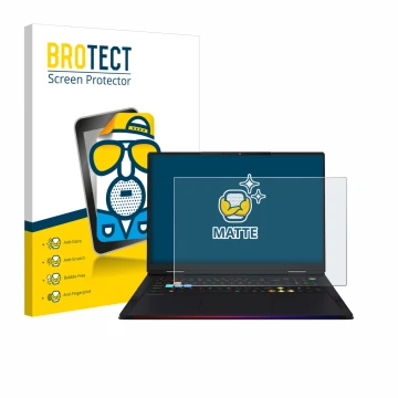 Vorderseite einer Produktverpackung mit dem Markenlogo BROTECT. Daneben ist das Gerät MSI Raider 18 HX AI 2025 mit dem zugehör