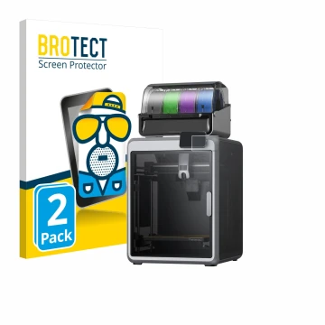 Vorderseite einer Produktverpackung mit dem Markenlogo BROTECT. Daneben ist das Gerät Creality K2 mit dem zugehörigen Displays