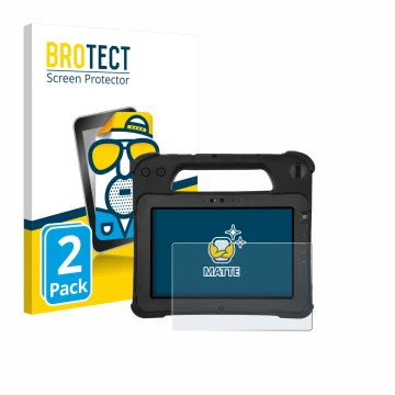 Vorderseite einer Produktverpackung mit dem Markenlogo BROTECT. Daneben ist das Gerät Zebra XPad L10ax mit dem zugehörigen Dis