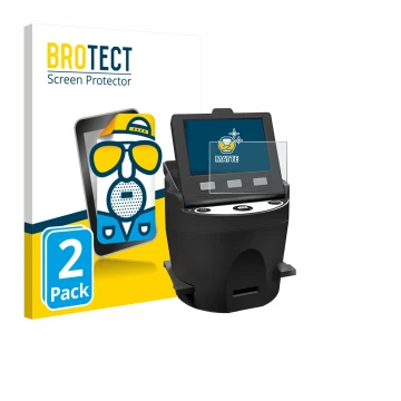 Vorderseite einer Produktverpackung mit dem Markenlogo BROTECT. Daneben ist das Gerät Kodak SCANZA mit dem zugehörigen Display