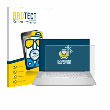 Vorderseite einer Produktverpackung mit dem Markenlogo BROTECT. Daneben ist das Gerät Dell 16 Premium Laptop mit dem zugehörig
