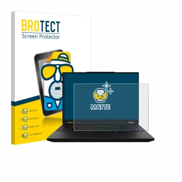 Vorderseite einer Produktverpackung mit dem Markenlogo BROTECT. Daneben ist das Gerät XMG Apex 16 Max mit dem zugehörigen Disp