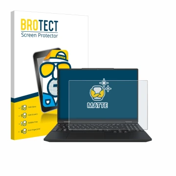 Vorderseite einer Produktverpackung mit dem Markenlogo BROTECT. Daneben ist das Gerät Tuxedo InfinityBook Max 15 Gen 10 mit de