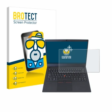 Vorderseite einer Produktverpackung mit dem Markenlogo BROTECT. Daneben ist das Gerät Lenovo ThinkPad E14 Gen 1 mit dem zugehö