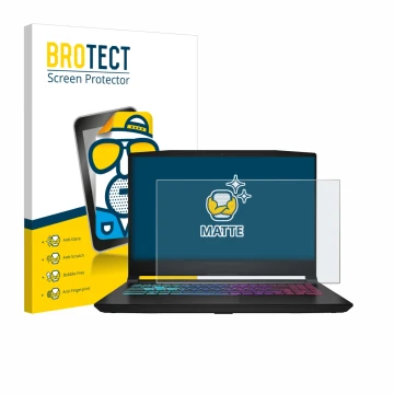Vorderseite einer Produktverpackung mit dem Markenlogo BROTECT. Daneben ist das Gerät MSI Katana 15 HX B14 mit dem zugehörigen