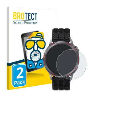 Vorderseite einer Produktverpackung mit dem Markenlogo BROTECT. Daneben ist das Gerät Huawei Watch GT Runner 2 mit dem zugehör