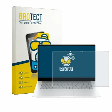 Vorderseite einer Produktverpackung mit dem Markenlogo BROTECT. Daneben ist das Gerät HP OmniBook X 17-de0776ngx mit dem zugeh