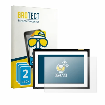 Vorderseite einer Produktverpackung mit dem Markenlogo BROTECT. Daneben ist das Gerät Nixplay Klassischer 10.1