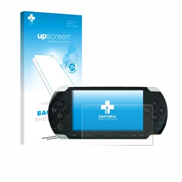 Vorderseite einer Produktverpackung mit dem Markenlogo upscreen. Daneben ist das Gerät Sony PSP 1000 mit dem zugehörigen Displ